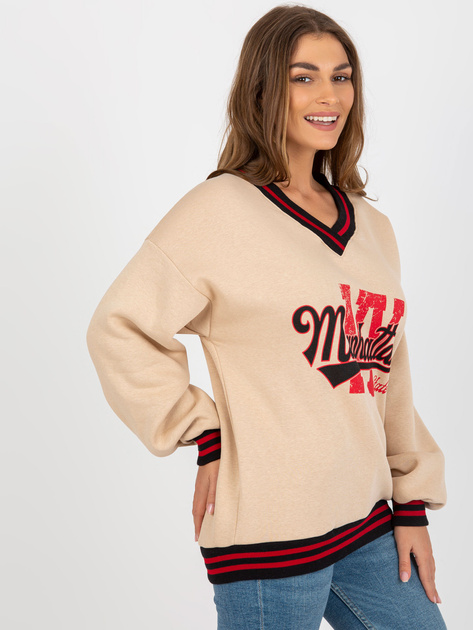 Hurt Beżowa damska bluza z napisami i dekoltem V