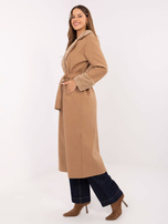 Camelowy długi płaszcz zimowy z paskiem RUE PARIS 