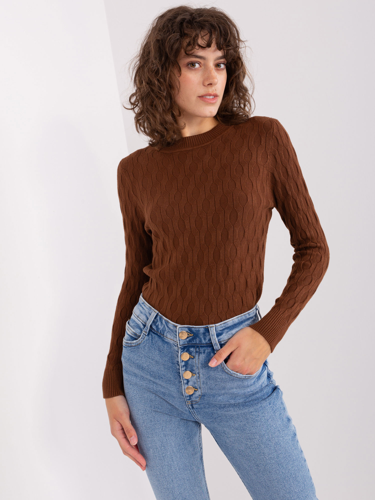 Brązowy sweter klasyczny z długim rękawem