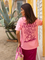 Różowy damski t-shirt z napisami SUBLEVEL