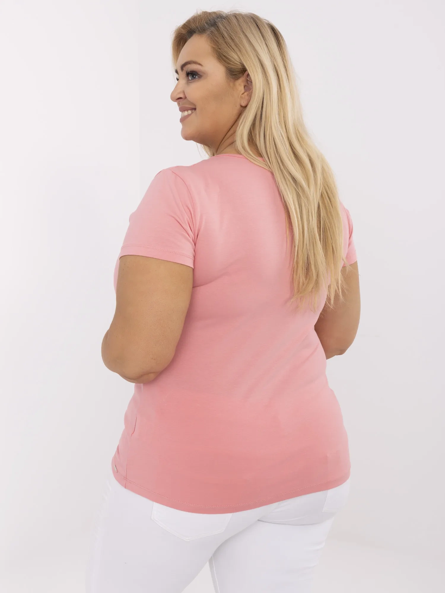 Peach fitted plus size cotton t-shirt.