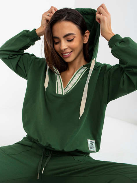 Hurt Ciemnozielony damski komplet casualowy z dekoltem w serek