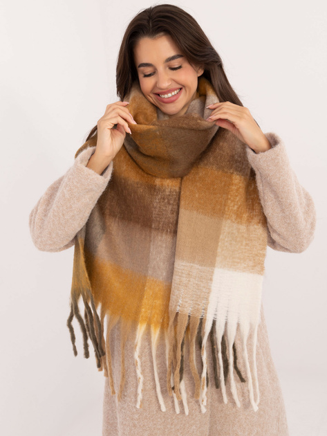 Hurtownia Brązowo-ciemnożółty zimowy szal w kratę