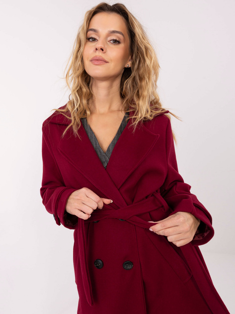 Bordowy długi płaszcz z paskami na rękawach