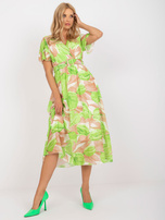 Beige and green midi dress with colorful patterns