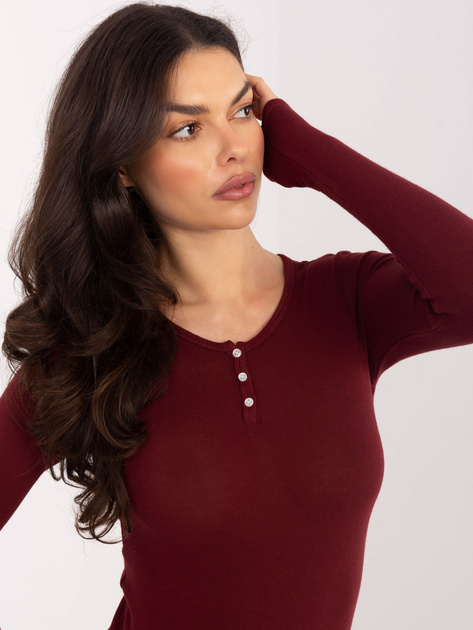 Bordowa krótka bluzka basic z długim rękawem