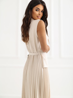 Jasnobeżowa elegancka sukienka z paskiem RUE PARIS