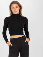 Großhandel Schwarzer kurzer Pullover mit Stehkragen aus Viskose.