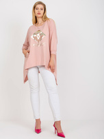 Ružovosivá dlhá blúzka plus size s vreckami.