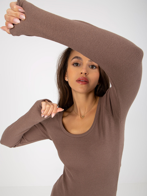 Hurt Brązowe prążkowane body basic z długim rękawem