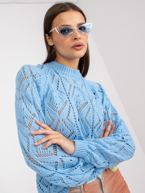 Niebieski ażurowy sweter klasyczny z długim rękawem RUE PARIS