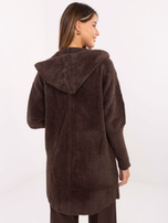 Czekoladowy damski płaszcz alpaka z kapturem 