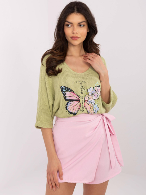 Hurtownia Pistacjowy sweter oversize z rękawem 3/4