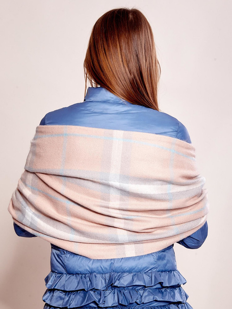 Szal damski w kratę różowo-szary