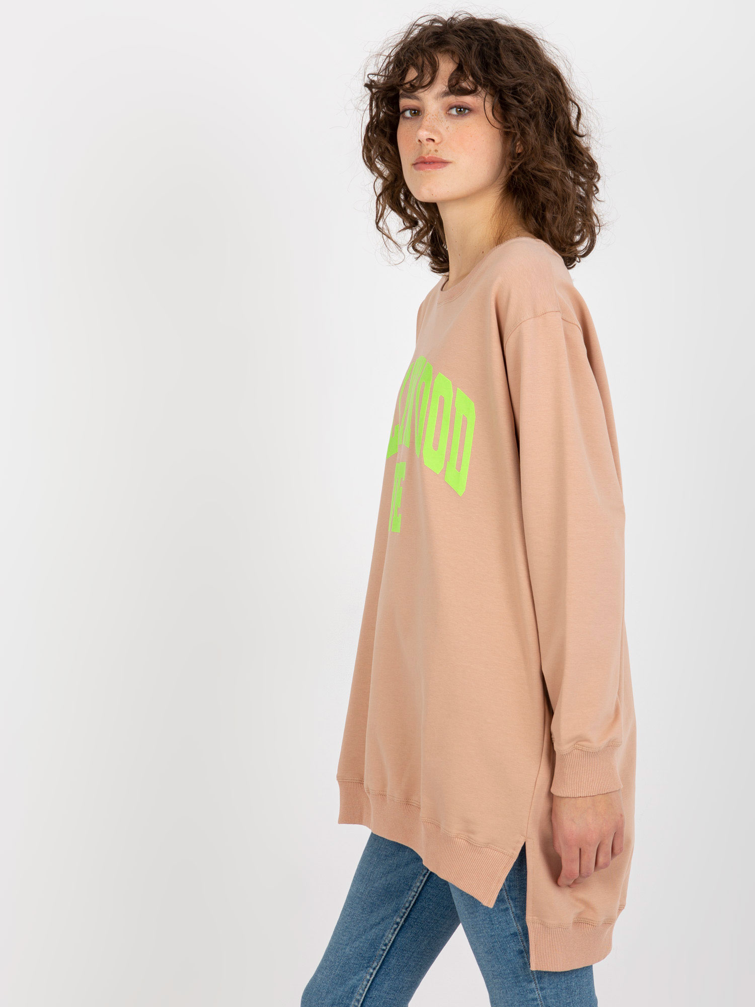 Beżowo-zielona długa bluza oversize z napisem