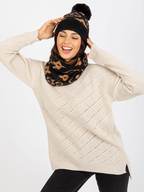 Hurt Czarno-camelowa damska czapka zimowa z pomponem