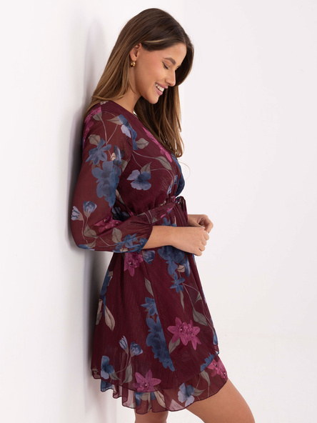 Bordowa rozkloszowana sukienka w kwiaty
