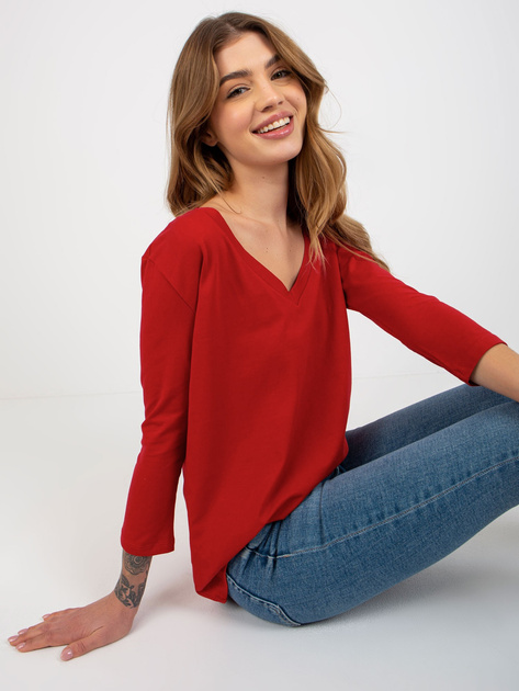 Hurt Czerwona bawełniana bluzka basic z dekoltem w serek