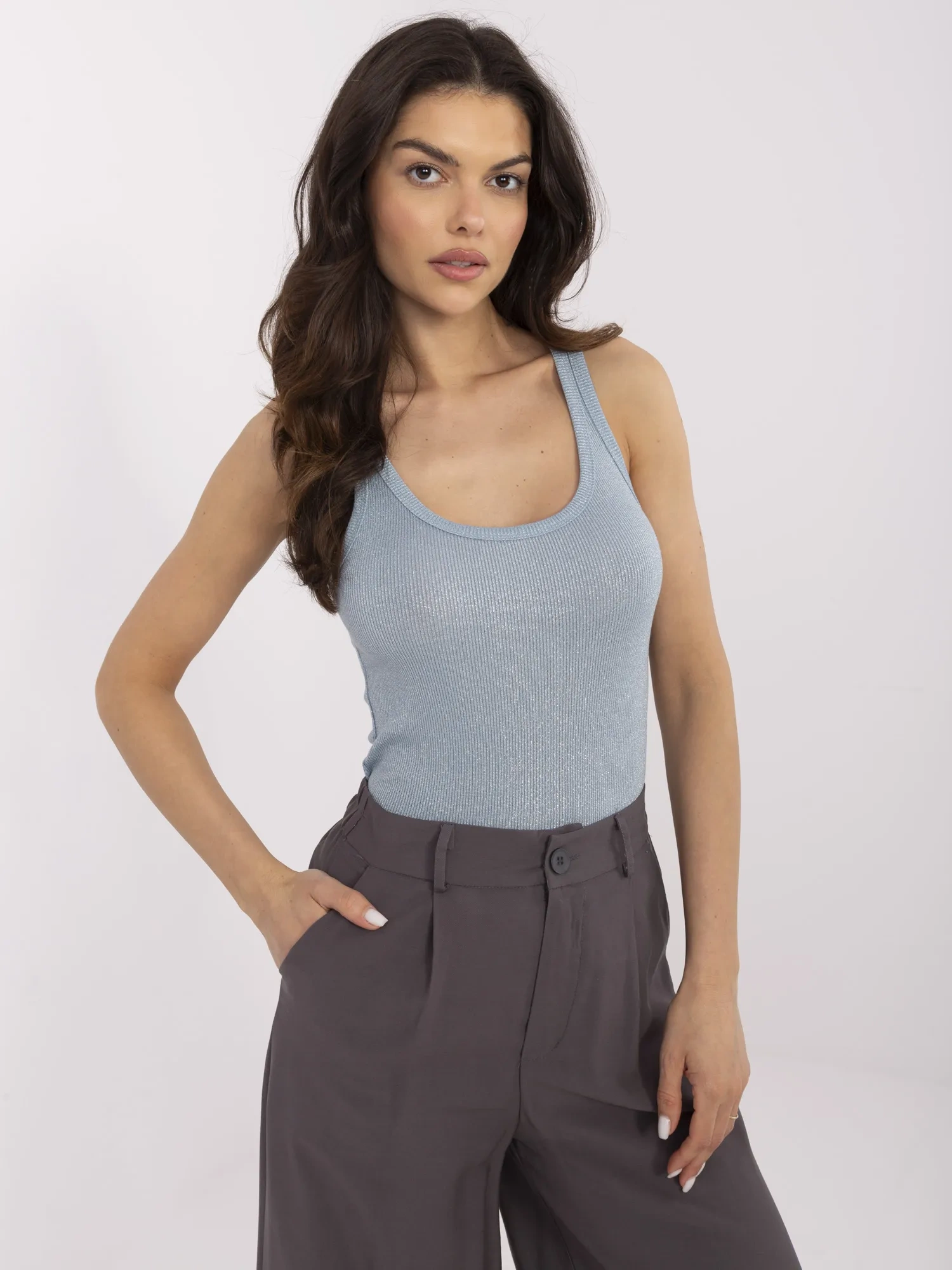 Gray-blue fitted striped top.