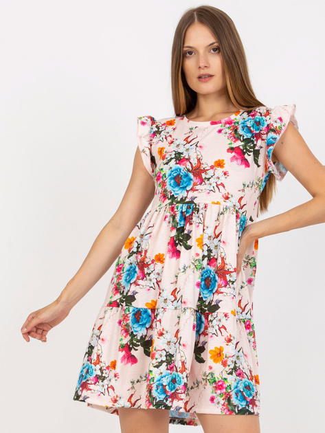Hurtownia Jasnoróżowa mini sukienka w kwiaty z falbaną