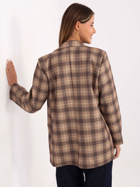 Beżowo-camelowa długa marynarka w kratę