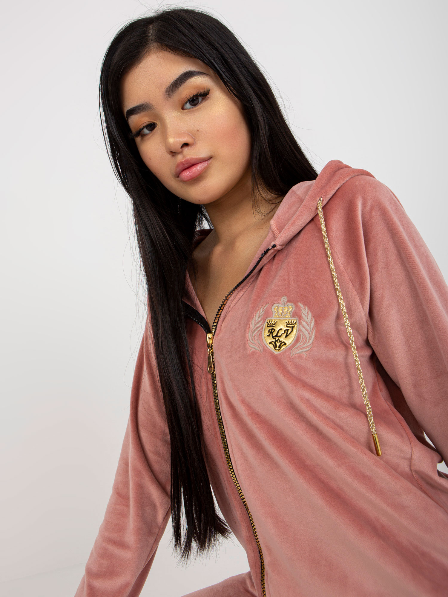 Hurt light pink women's velour set with patches.