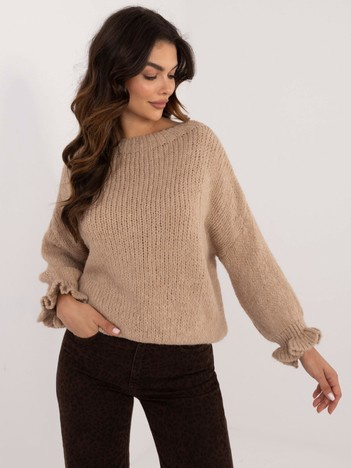 Hurt Ciemnobeżowy sweter oversize z okrągłym dekoltem