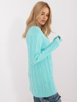 Hurtownia Miętowy dłuższy sweter damski z okrągłym dekoltem