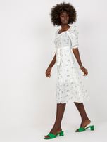Großhandel Weiß-Grüne Midi-Kleid mit Drucken und Stickereien.