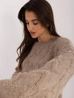 Hurtownia Beżowy damski sweter oversize z długim rękawem