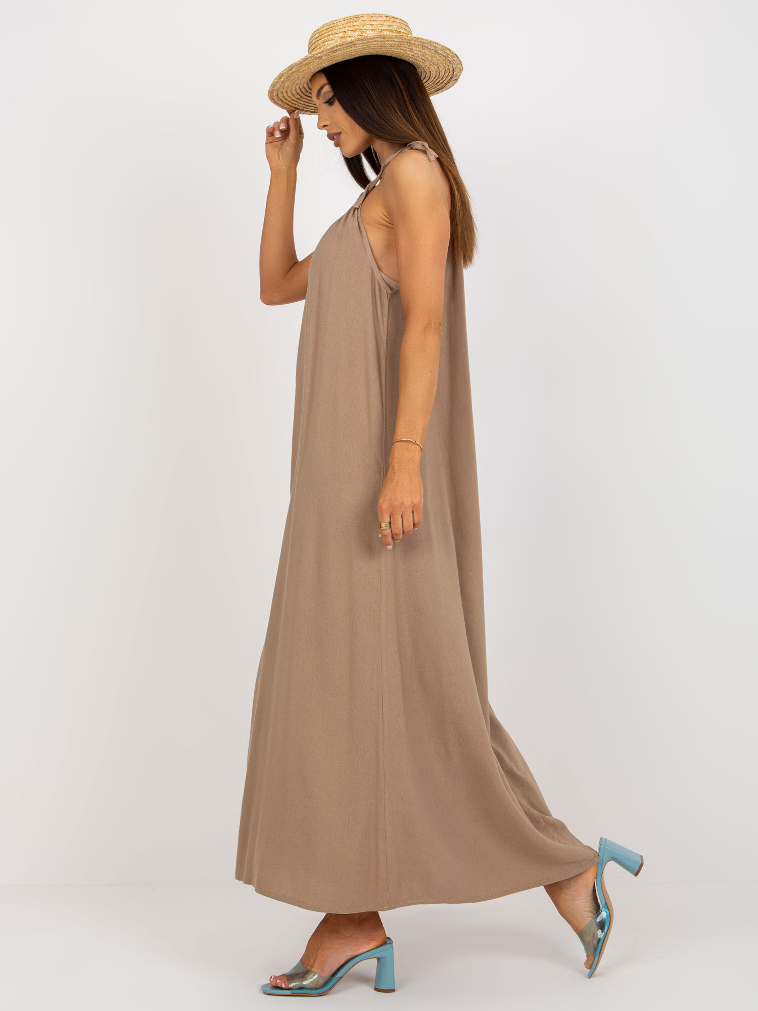 Hurt Dark Beige Summer Oversize Dress with Linen OCH BELLA.