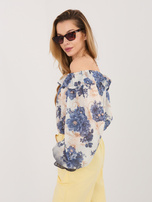 Ciemnoniebieska bluzka hiszpanka z bufiastym rękawem