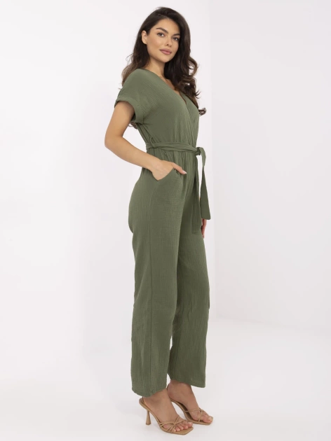 Khaki muślinowy kombinezon z krótkim rękawem