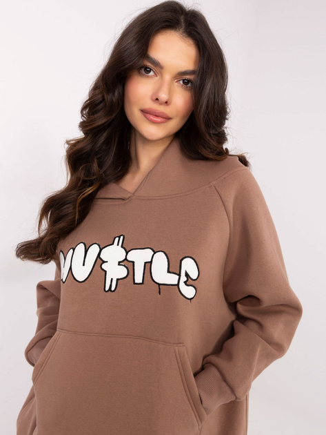 Hurt Brązowa damska bluza kangurka z ociepleniem