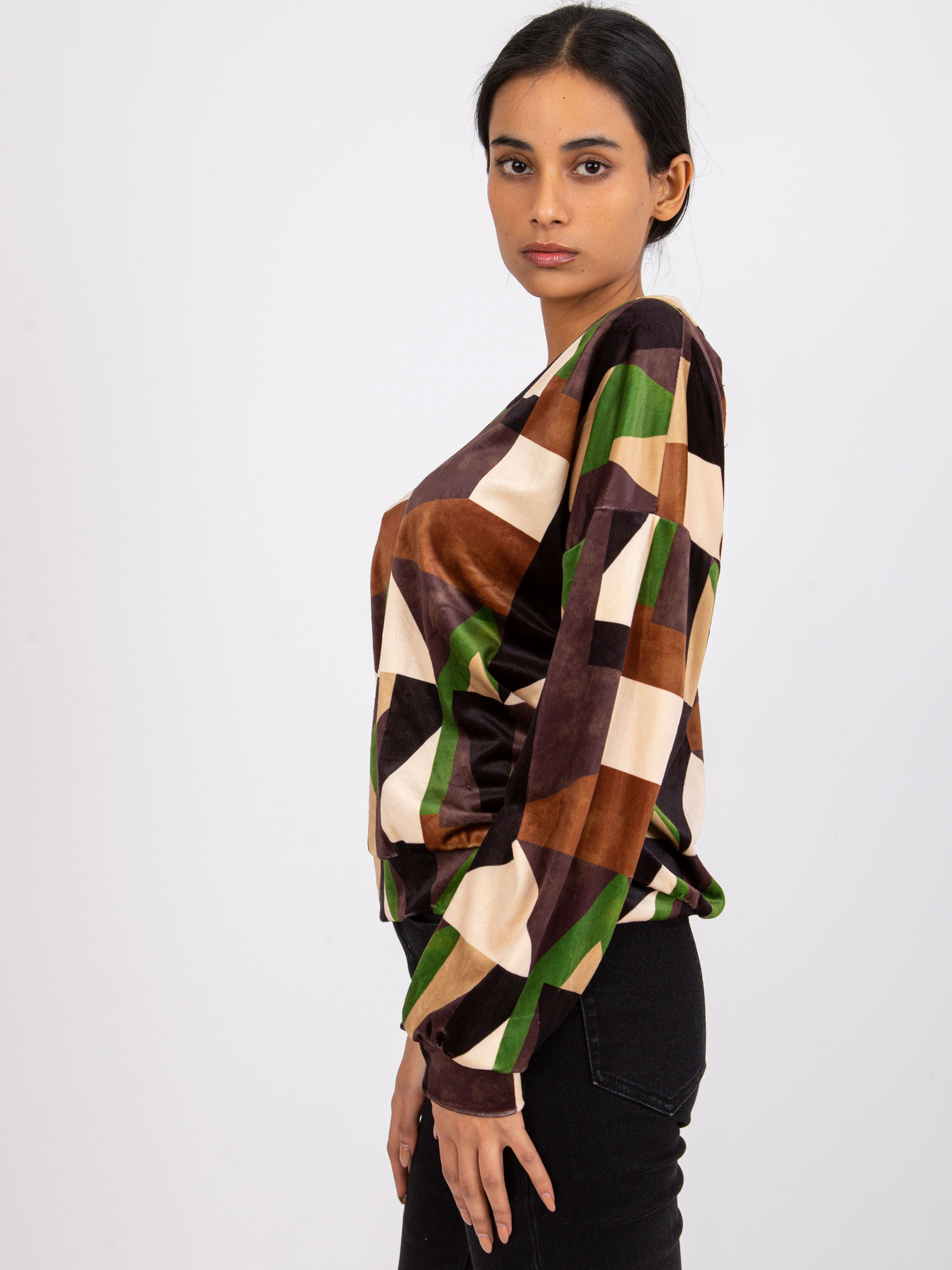 Braune-khaki gemusterte Veloursbluse Liliana.