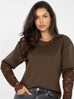 Czekoladowa damska bluzka oversize z koronką