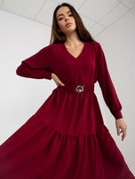 Hurt Bordowa midi sukienka z falbaną i dekoltem V OCH BELLA 