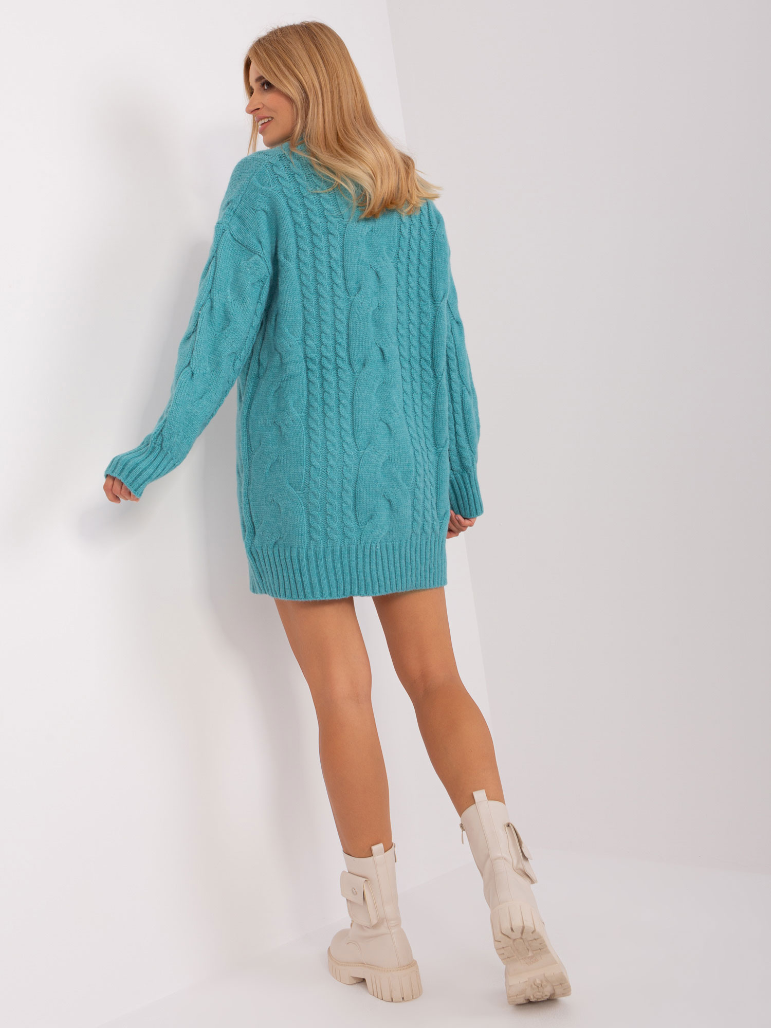 Turquoise knit dress with turtleneck