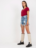 Hurt Bordowy damski t-shirt basic z dekoltem w serek 