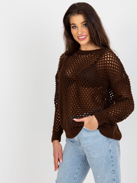 Hurt Brązowy ażurowy sweter letni z dodatkiem wełny