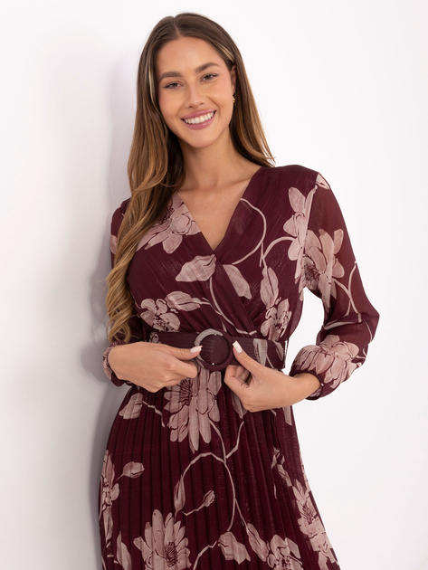 Bordowa plisowana sukienka w kwiaty