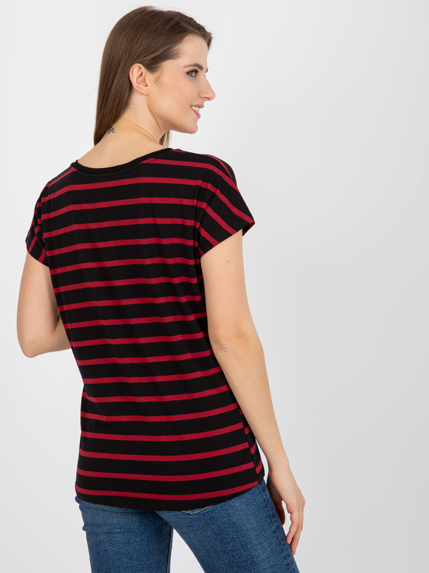 Hurt Czarno-czerwony damski t-shirt basic w paski z bawełny