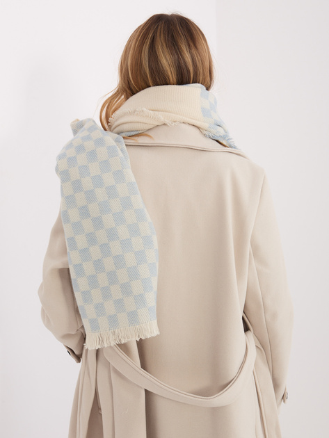 Ecru-jasnoniebieski damski szal z frędzlami