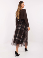 Black-brown plaid midi skirt.