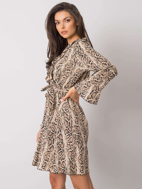 Beżowo-czarna sukienka z długim rękawem Amiya