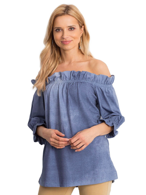 Niebieska bluzka hiszpanka z marszczeniami