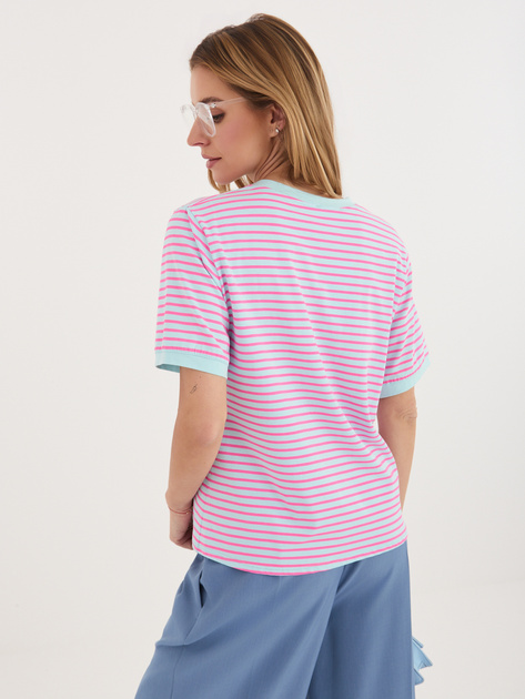 Fluo różowo-niebieski damski t-shirt w paski RUE PARIS