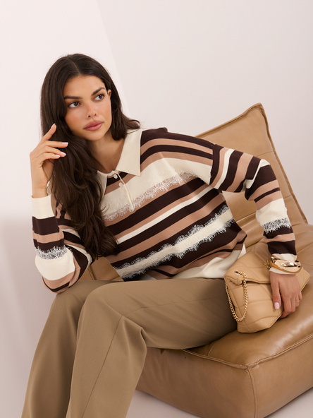 Ecru-brązowy damski sweter polo z koronką