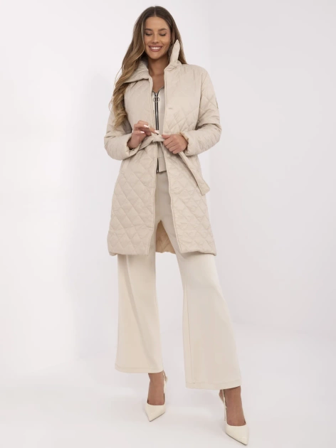 Hurt Beżowy przejściowy płaszcz damski z kieszeniami