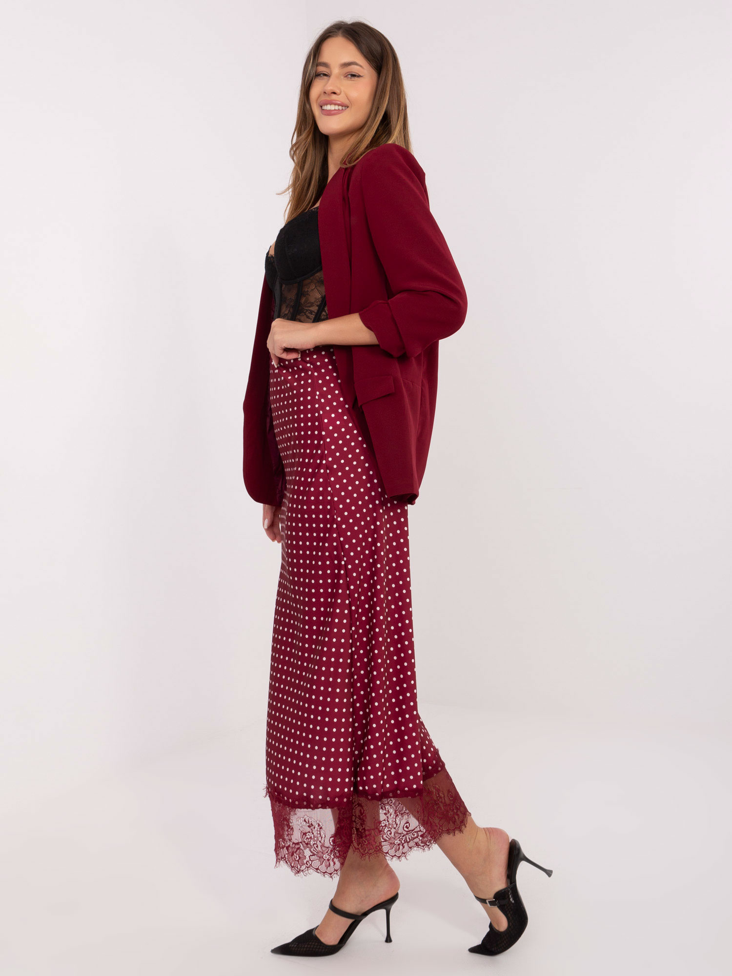 Burgundy satin polka dot skirt RUE PARIS.